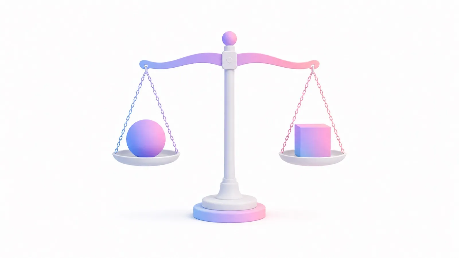 A balanced scale weighing a sphere against a cube, rendered in soft pastel gradients — representing the tradeoffs between a PEO's advantages and disadvantages.