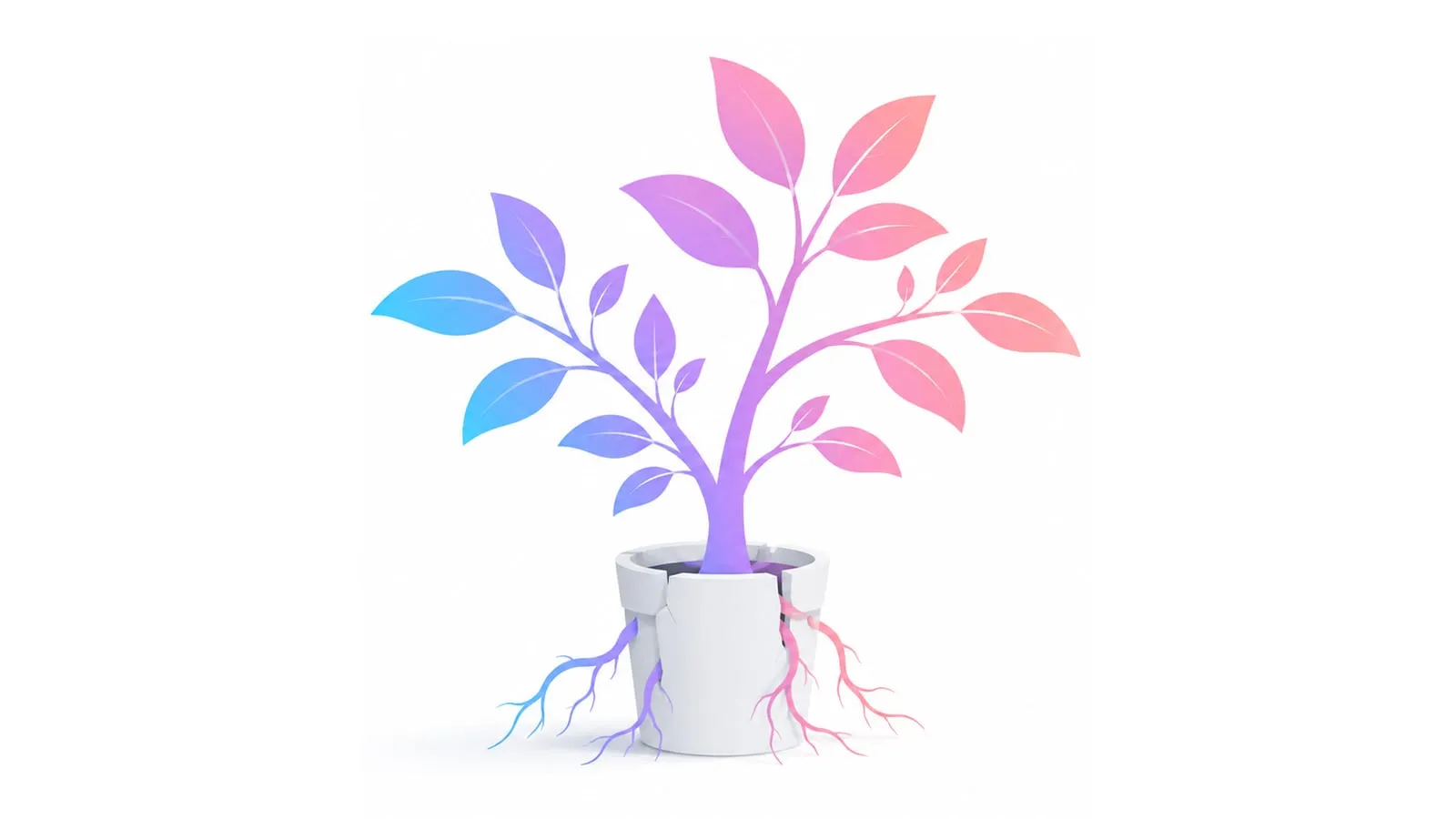 A sapling outgrowing a small pot, illustrated in soft pastel gradients — representing a startup outgrowing its initial benefits provider.